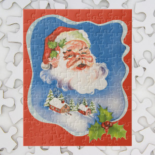 Vintage Christmas, Retro Jolly Santa Claus Jigsaw Puzzle