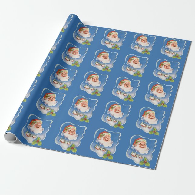 Vintage Christmas, Retro Jolly Santa Claus Wrapping Paper (Unrolled)