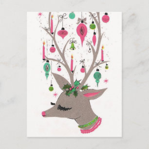 Vintage Christmas retro reindeer Holiday postcard