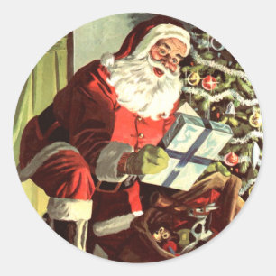 Vintage Christmas, Retro Santa Claus with Presents Classic Round Sticker