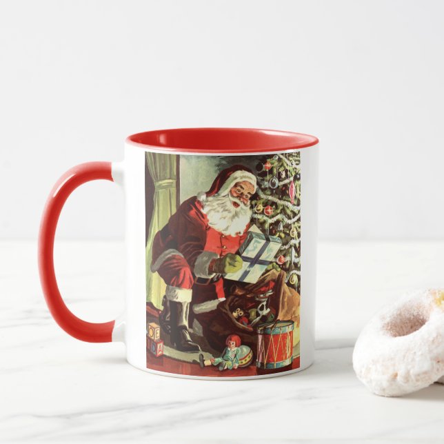 Vintage Christmas, Retro Santa Claus with Presents Mug (With Donut)