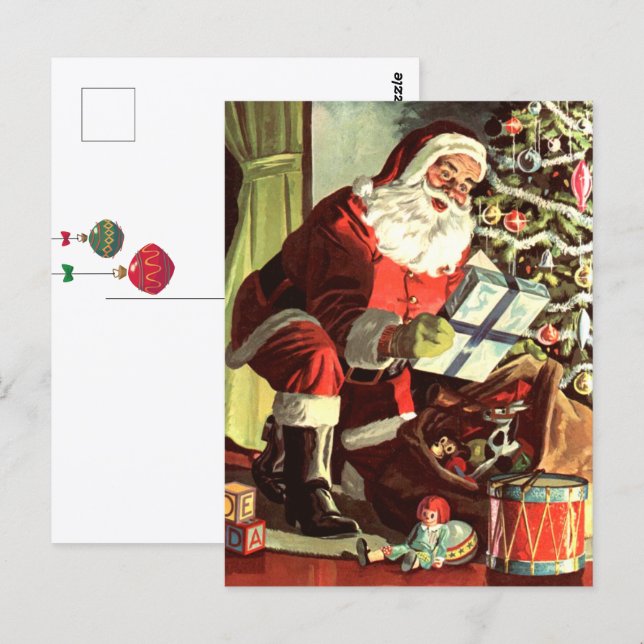 Vintage Christmas, Retro Santa Claus with Presents Postcard (Front/Back)