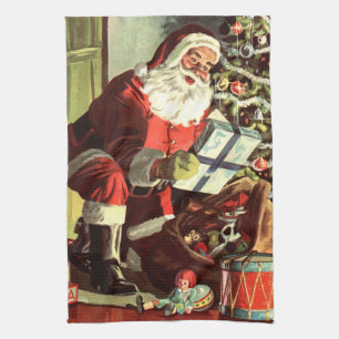 Vintage Christmas, Retro Santa Claus with Presents Tea Towel