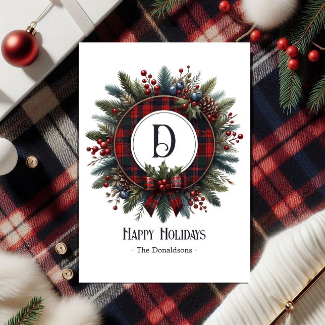 Vintage Christmas Rich Plaid Mongram Wreath Holiday Card (Vintage Christmas Rich Plaid Mongram Wreath Holiday Card)