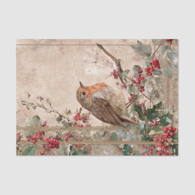 Vintage Christmas Robin and Cherries Decoupage Tissue Paper (Front)