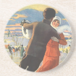 Vintage Christmas, Romantic Couple Ice Skating Coaster