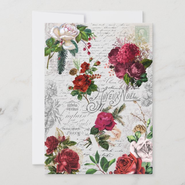 Vintage Christmas Rose Joyeux Noel Ephemera Holiday Card (Front)