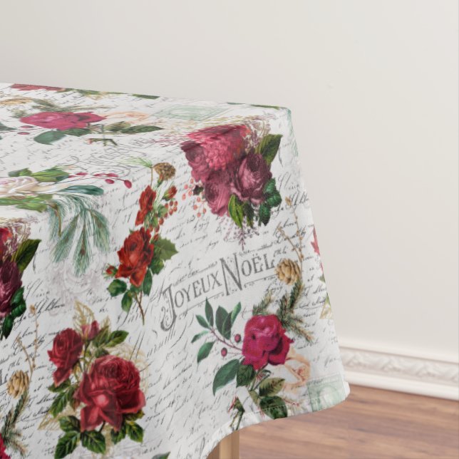 Vintage Christmas Rose Joyeux Noel Ephemera Tablecloth (In Situ)