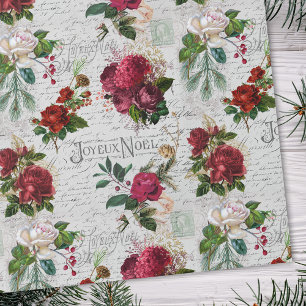 Vintage Christmas Rose Joyeux Noel Ephemera Wrapping Paper