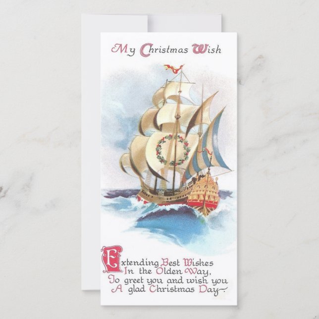 Vintage Christmas Sailboat Wishes Holiday Card (Front)
