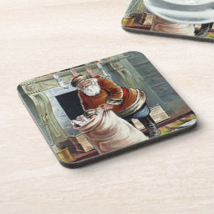 Vintage Christmas, Saint Nicholas by the Fireplace Coaster