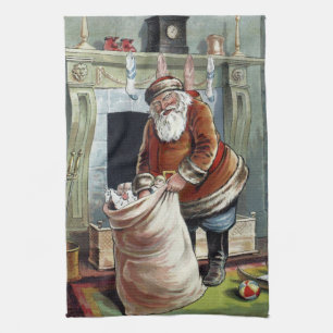 Vintage Christmas, Saint Nicholas by the Fireplace Tea Towel