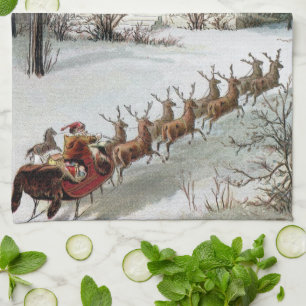 Vintage Christmas, Saint Nicholas with Reindeer Tea Towel