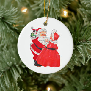 vintage Christmas Santa and Mrs. Claus Ceramic Ornament