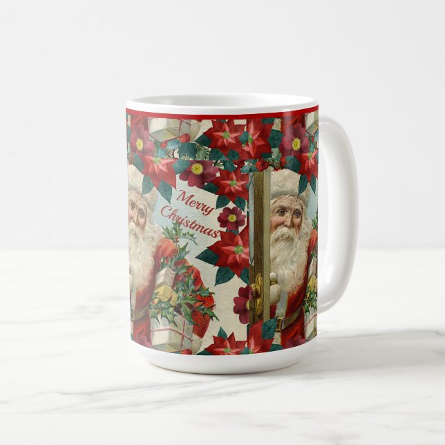 Vintage Christmas Santa and Poinsettia Flowers Coffee Mug (Front Right)