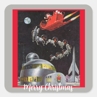 Vintage Christmas Santa and Reindeer In Space Square Sticker