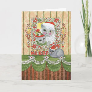 Vintage Christmas Santa Cat with Kitten Holiday Card