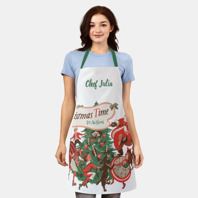 Vintage Christmas Santa Claus and Dancing Children Apron (Worn)