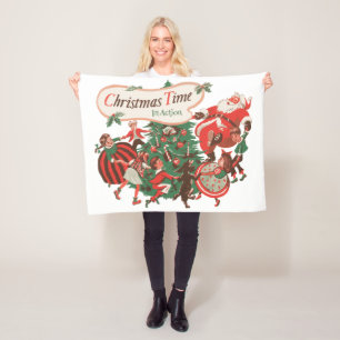 Vintage Christmas Santa Claus and Dancing Children Fleece Blanket
