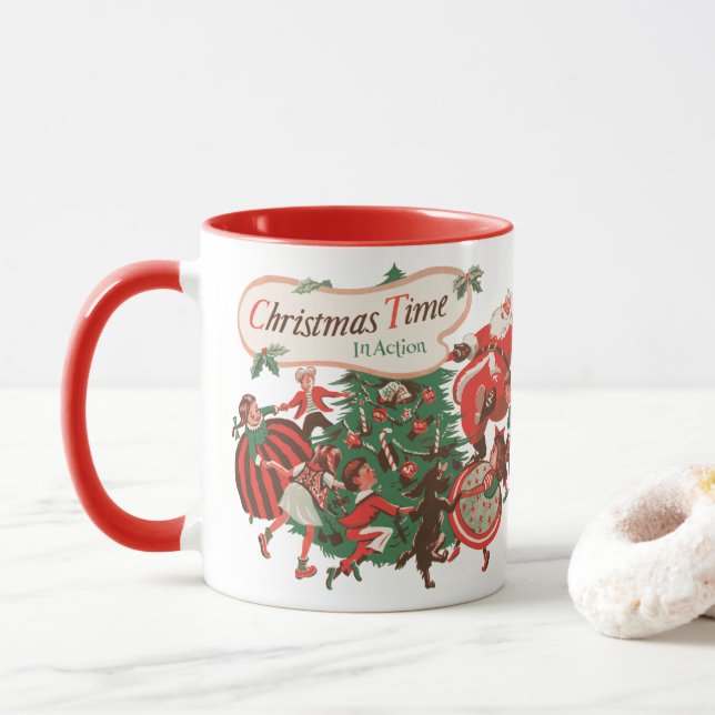Vintage Christmas Santa Claus and Dancing Children Mug (With Donut)