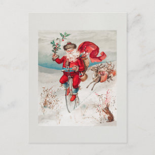 Vintage Christmas Santa Claus Bicycle Reindeer Postcard