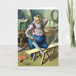 Vintage Christmas, Santa Claus Building Toys Saw Holiday Card