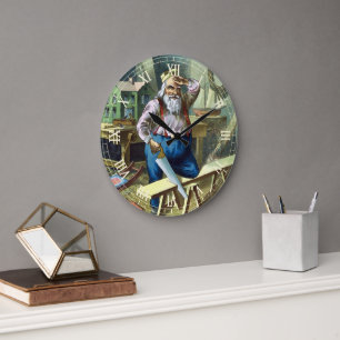 Vintage Christmas, Santa Claus Building Toys Saw Large Clock