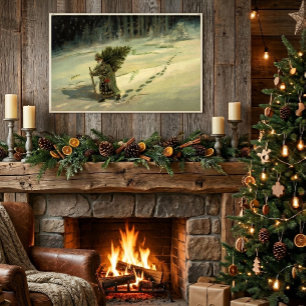 Vintage Christmas, Santa Claus Carrying a Tree Poster