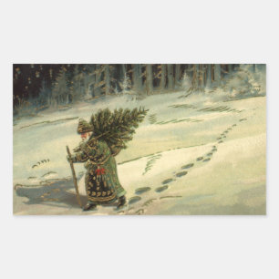 Vintage Christmas, Santa Claus Carrying a Tree Rectangular Sticker