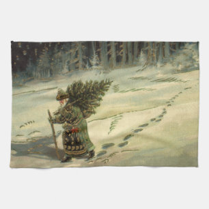 Vintage Christmas, Santa Claus Carrying a Tree Tea Towel