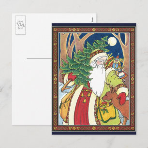 Vintage Christmas, Santa Claus Deer in Forest Holiday Postcard