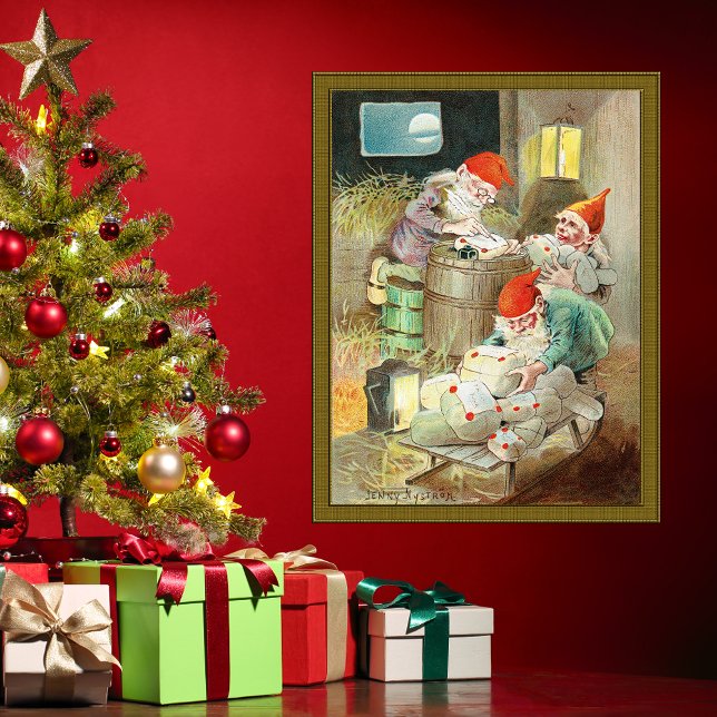Vintage Christmas Santa Claus Elf Gnome Gifts Poster (Vintage Father Christmas Santa Claus Elf Gnome Gifts Poster by Swedish Foklore Artist Jenny Nystrom)