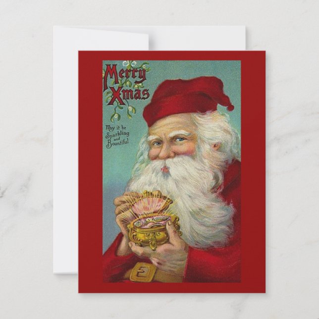 Vintage Christmas, Santa Claus, Faux Sparkle Holiday Card (Front)