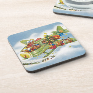 Vintage Christmas, Santa Claus Flying an Aeroplane Coaster