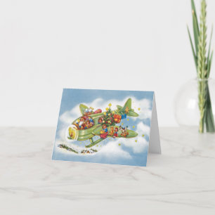Vintage Christmas, Santa Claus Flying an Aeroplane Holiday Card