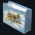 Vintage Christmas, Santa Claus Flying an Aeroplane Large Gift Bag<br><div class="desc">Vintage illustration Merry Christmas holiday travel and transportation design featuring a jolly Santa Claus flying an old fashioned propeller aircraft in the sky with elves, toys, dolls, wrapped presents and a Christmas tree on the wing. They are flying the antique plane through the fluffy white clouds and stars in the...</div>