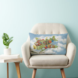 Vintage Christmas, Santa Claus Flying an Aeroplane Lumbar Cushion