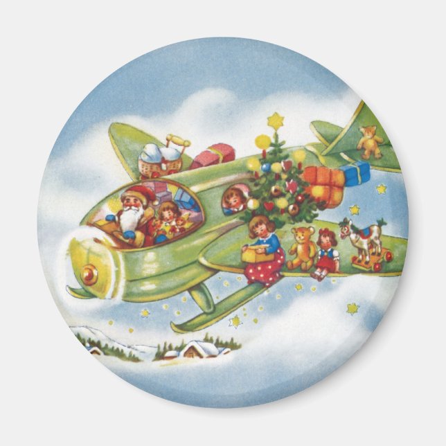 Vintage Christmas, Santa Claus Flying an Aeroplane Magnet (Front)