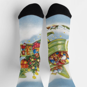 Vintage Christmas, Santa Claus Flying an Aeroplane Socks