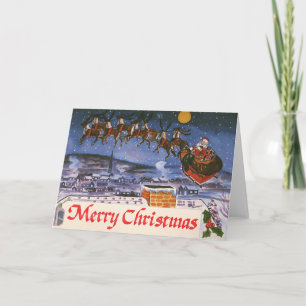 Vintage Christmas Santa Claus Flying His Sleigh Holiday Card