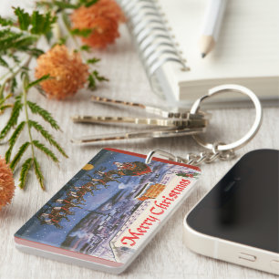 Vintage Christmas Santa Claus Flying His Sleigh Key Ring