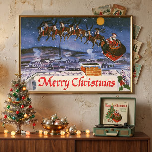 Vintage Christmas Santa Claus Flying His Sleigh Poster