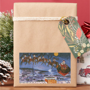 Vintage Christmas Santa Claus Flying His Sleigh Rectangular Sticker