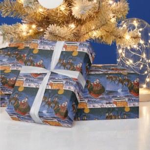 Vintage Christmas Santa Claus Flying His Sleigh Wrapping Paper