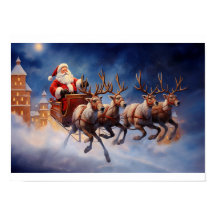 Vintage Christmas Santa Claus Flying in Sleigh