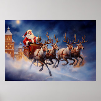 Vintage Christmas Santa Claus Flying in Sleigh  Poster