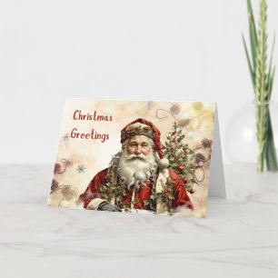 Vintage Christmas Santa Claus, Holly Berry  Holiday Card