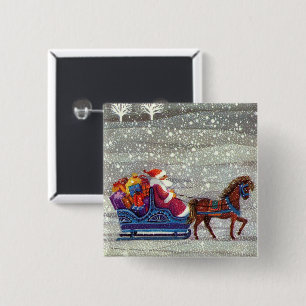 Vintage Christmas, Santa Claus Horse Open Sleigh 15 Cm Square Badge