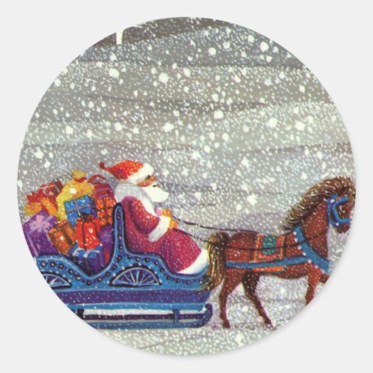 Vintage Christmas, Santa Claus Horse Open Sleigh Classic Round Sticker