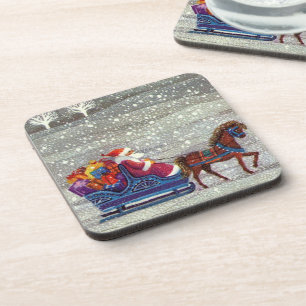 Vintage Christmas, Santa Claus Horse Open Sleigh Coaster